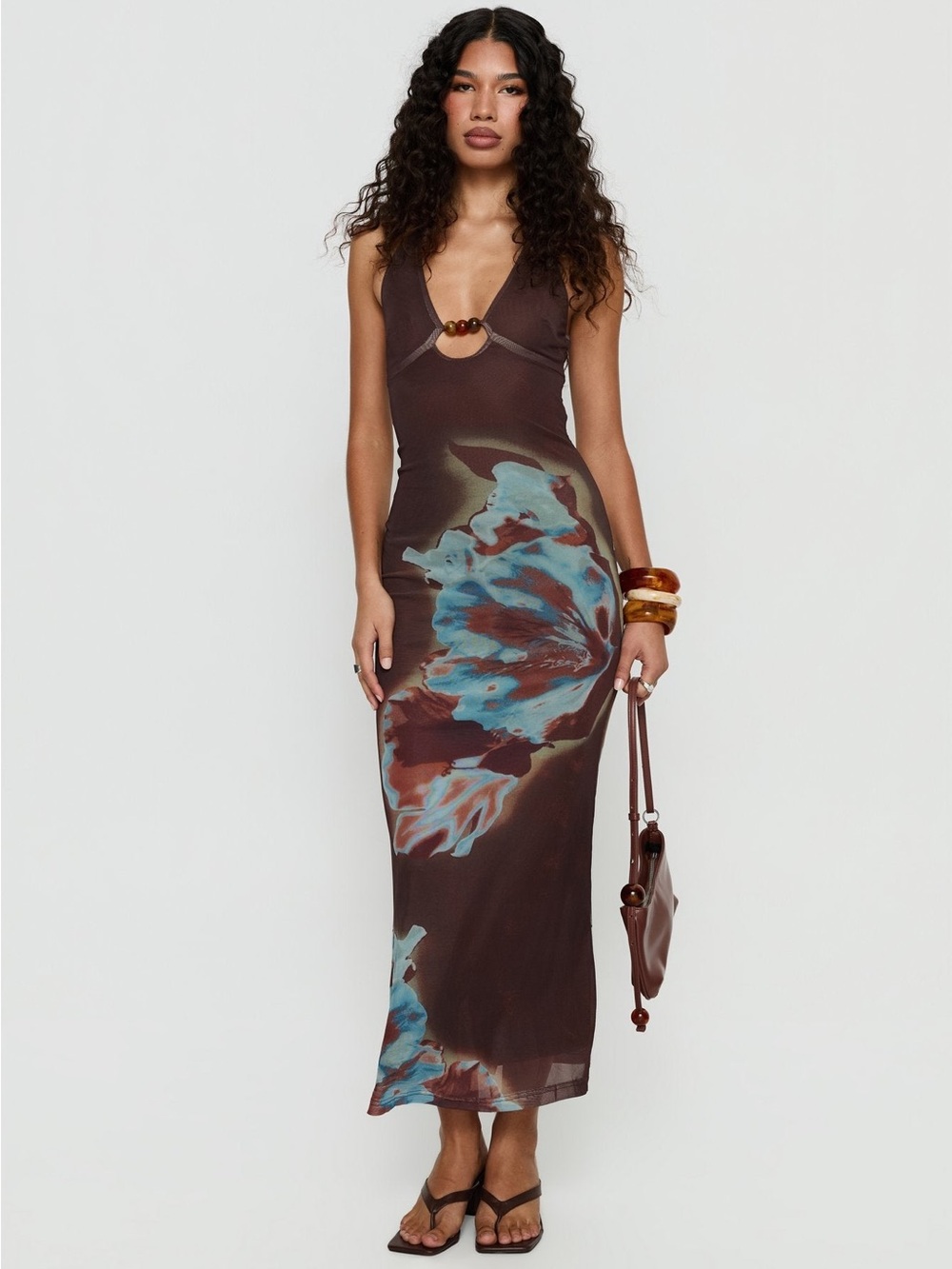 Princess Polly Brown Maxi Dress with Blue Floral Print